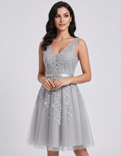 Tulle Lace Appliqué Sleeveless V-Neck A-Line Mini Dress for Party, Cocktail, Evening, Wedding Guest, Summer Events, front vie | SKU: AMD-583947261840157-SILVER-L,AMD-583947261840157-SILVER-M,AMD-583947261840157-SILVER-S,AMD-583947261840157-SILVER-XL,AMD-583947261840157-SILVER-XS