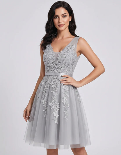 Tulle Lace Appliqué Sleeveless V-Neck A-Line Mini Dress for Party, Cocktail, Evening, Wedding Guest, Summer Events, front vie | SKU: AMD-583947261840157-SILVER-L,AMD-583947261840157-SILVER-M,AMD-583947261840157-SILVER-S,AMD-583947261840157-SILVER-XL,AMD-583947261840157-SILVER-XS