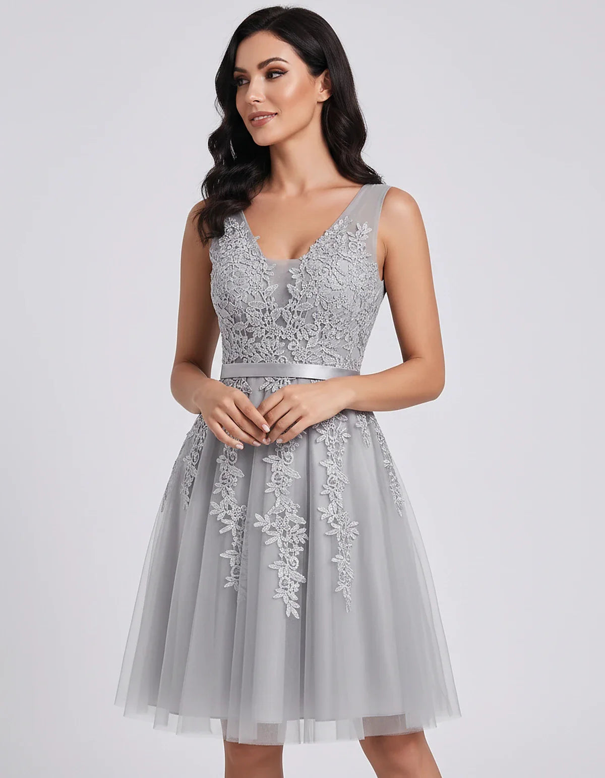 Tulle Lace Appliqué Sleeveless V-Neck A-Line Mini Dress for Party, Cocktail, Evening, Wedding Guest, Summer Events, front vie | SKU: AMD-583947261840157-SILVER-L,AMD-583947261840157-SILVER-M,AMD-583947261840157-SILVER-S,AMD-583947261840157-SILVER-XL,AMD-583947261840157-SILVER-XS