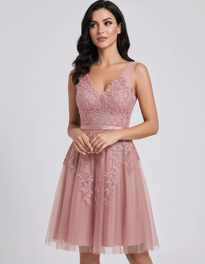 Tulle Lace Appliqué Sleeveless V-Neck A-Line Mini Dress for Party, Cocktail, Evening, Wedding Guest, Summer Events, front vie | SKU: AMD-583947261840157-BLUSH-L,AMD-583947261840157-BLUSH-M,AMD-583947261840157-BLUSH-S,AMD-583947261840157-BLUSH-XL,AMD-583947261840157-BLUSH-XS