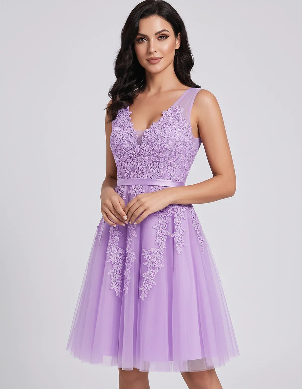 Tulle Lace Appliqué Sleeveless V-Neck A-Line Mini Dress for Party, Cocktail, Evening, Wedding Guest, Summer Events, front vie | SKU: AMD-583947261840157-LILAC-L,AMD-583947261840157-LILAC-M,AMD-583947261840157-LILAC-S,AMD-583947261840157-LILAC-XL,AMD-583947261840157-LILAC-XS