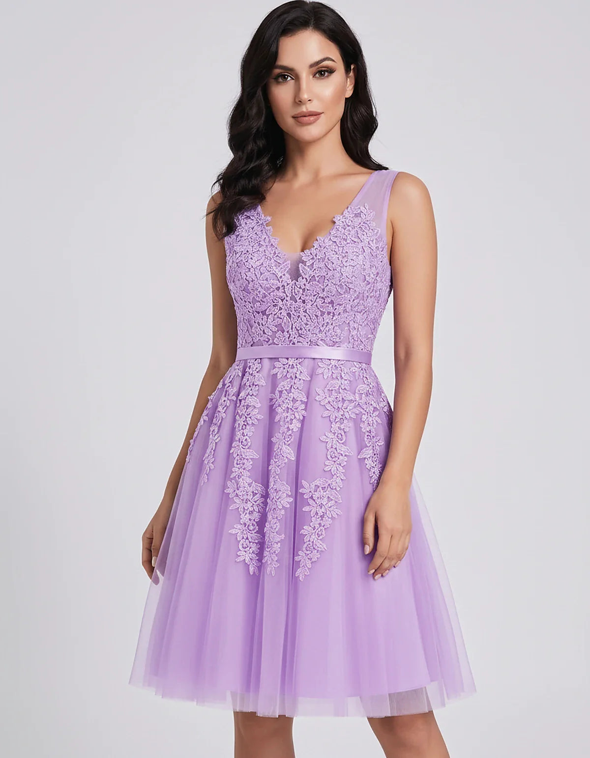 Tulle Lace Appliqué Sleeveless V-Neck A-Line Mini Dress for Party, Cocktail, Evening, Wedding Guest, Summer Events, front vie | SKU: AMD-583947261840157-LILAC-L,AMD-583947261840157-LILAC-M,AMD-583947261840157-LILAC-S,AMD-583947261840157-LILAC-XL,AMD-583947261840157-LILAC-XS