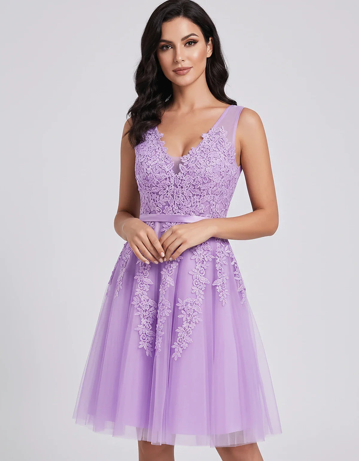 Tulle Lace Appliqué Sleeveless V-Neck A-Line Mini Dress for Party, Cocktail, Evening, Wedding Guest, Summer Events, front vie | SKU: AMD-583947261840157-LILAC-L,AMD-583947261840157-LILAC-M,AMD-583947261840157-LILAC-S,AMD-583947261840157-LILAC-XL,AMD-583947261840157-LILAC-XS