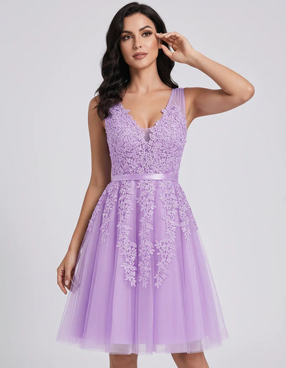 Tulle Lace Appliqué Sleeveless V-Neck A-Line Mini Dress for Party, Cocktail, Evening, Wedding Guest, Summer Events, front vie | SKU: AMD-583947261840157-LILAC-L,AMD-583947261840157-LILAC-M,AMD-583947261840157-LILAC-S,AMD-583947261840157-LILAC-XL,AMD-583947261840157-LILAC-XS