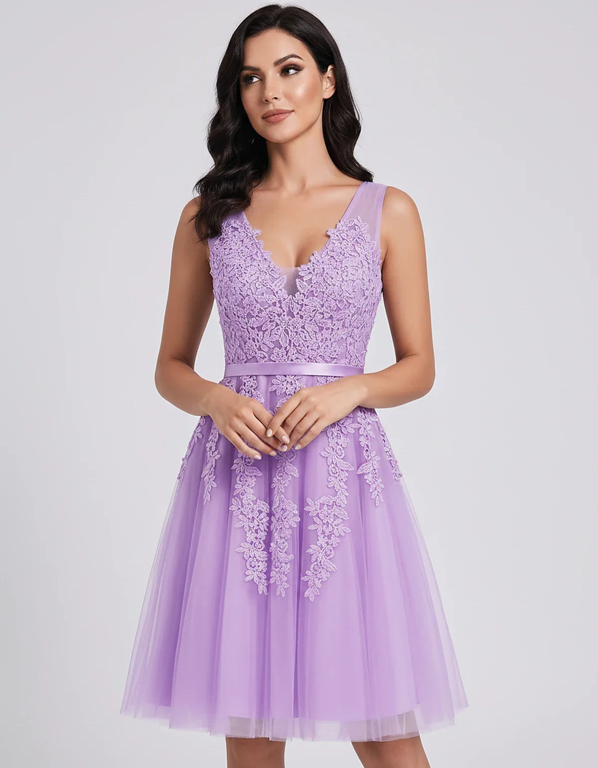 Tulle Lace Appliqué Sleeveless V-Neck A-Line Mini Dress for Party, Cocktail, Evening, Wedding Guest, Summer Events, front vie | SKU: AMD-583947261840157-LILAC-L,AMD-583947261840157-LILAC-M,AMD-583947261840157-LILAC-S,AMD-583947261840157-LILAC-XL,AMD-583947261840157-LILAC-XS