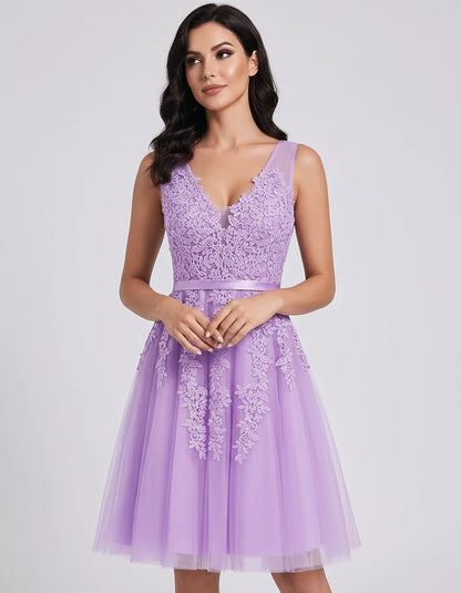 Tulle Lace Appliqué Sleeveless V-Neck A-Line Mini Dress for Party, Cocktail, Evening, Wedding Guest, Summer Events, front vie | SKU: AMD-583947261840157-LILAC-L,AMD-583947261840157-LILAC-M,AMD-583947261840157-LILAC-S,AMD-583947261840157-LILAC-XL,AMD-583947261840157-LILAC-XS