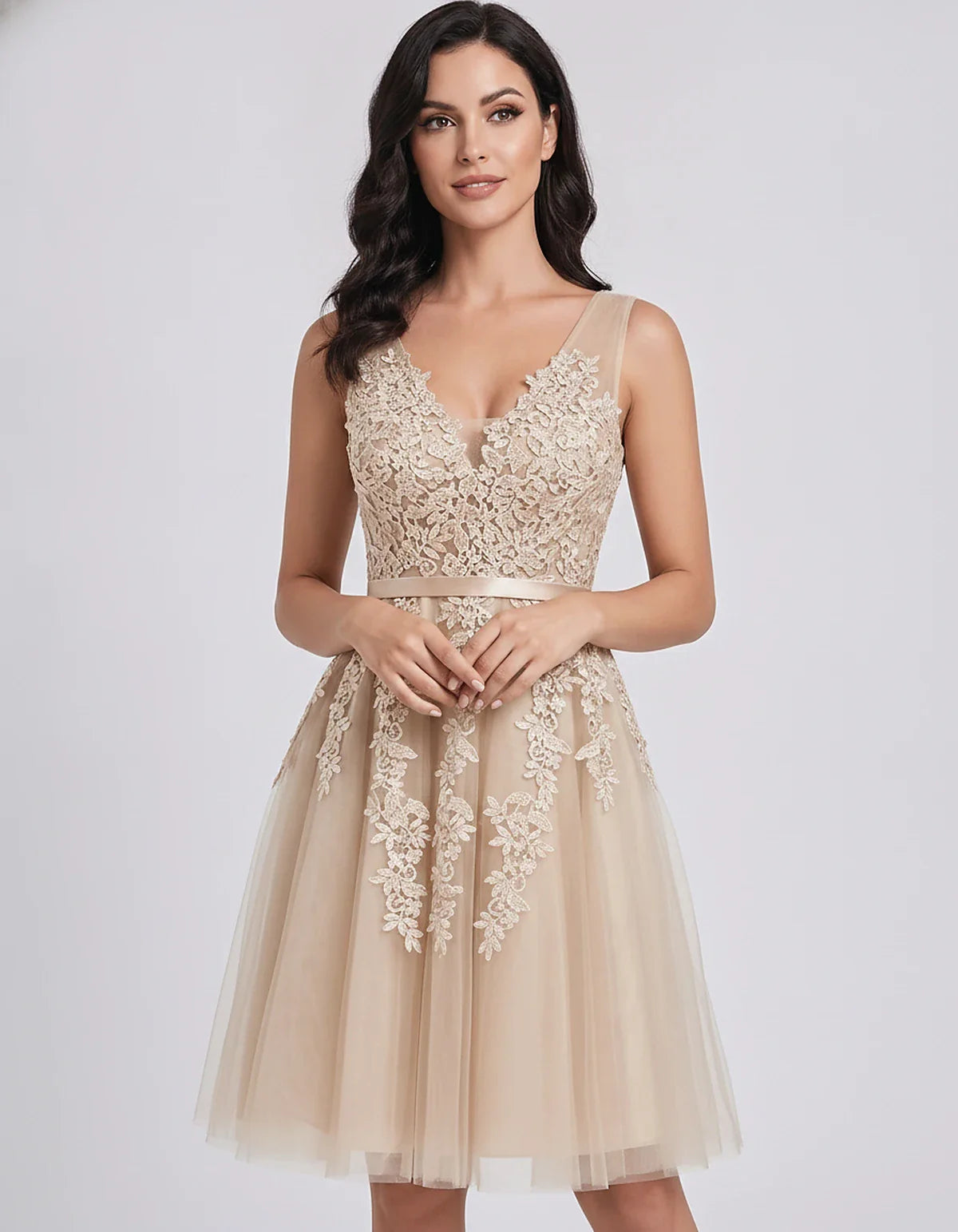 Tulle Lace Appliqué Sleeveless V-Neck A-Line Mini Dress for Party, Cocktail, Evening, Wedding Guest, Summer Events, front vie | SKU: AMD-583947261840157-CHAMPAGNE-L,AMD-583947261840157-CHAMPAGNE-M,AMD-583947261840157-CHAMPAGNE-S,AMD-583947261840157-CHAMPAGNE-XL,AMD-583947261840157-CHAMPAGNE-XS