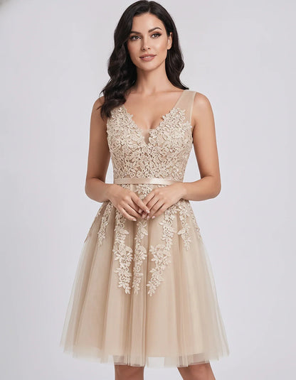 Tulle Lace Appliqué Sleeveless V-Neck A-Line Mini Dress for Party, Cocktail, Evening, Wedding Guest, Summer Events, front vie | SKU: AMD-583947261840157-CHAMPAGNE-L,AMD-583947261840157-CHAMPAGNE-M,AMD-583947261840157-CHAMPAGNE-S,AMD-583947261840157-CHAMPAGNE-XL,AMD-583947261840157-CHAMPAGNE-XS