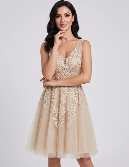 Tulle Lace Appliqué Sleeveless V-Neck A-Line Mini Dress for Party, Cocktail, Evening, Wedding Guest, Summer Events, front vie | SKU: AMD-583947261840157-CHAMPAGNE-L,AMD-583947261840157-CHAMPAGNE-M,AMD-583947261840157-CHAMPAGNE-S,AMD-583947261840157-CHAMPAGNE-XL,AMD-583947261840157-CHAMPAGNE-XS
