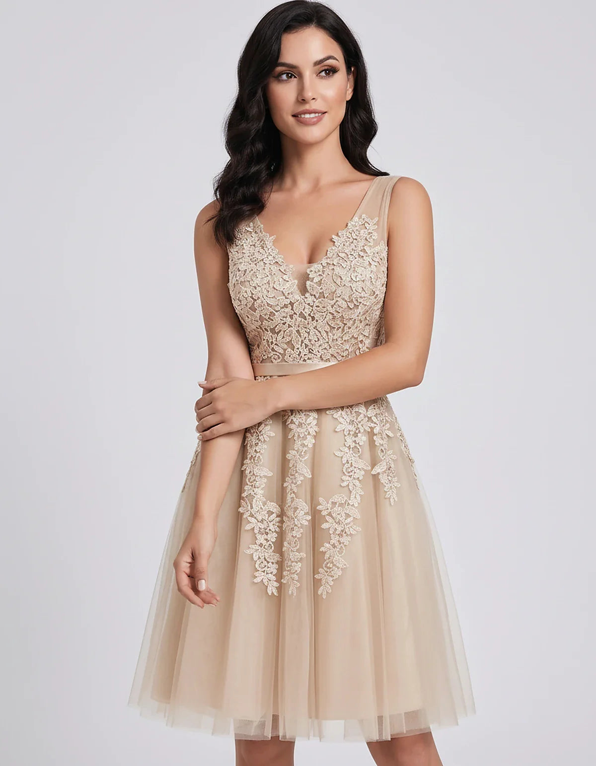 Tulle Lace Appliqué Sleeveless V-Neck A-Line Mini Dress for Party, Cocktail, Evening, Wedding Guest, Summer Events, front vie | SKU: AMD-583947261840157-CHAMPAGNE-L,AMD-583947261840157-CHAMPAGNE-M,AMD-583947261840157-CHAMPAGNE-S,AMD-583947261840157-CHAMPAGNE-XL,AMD-583947261840157-CHAMPAGNE-XS
