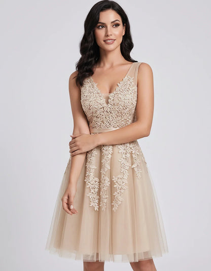Tulle Lace Appliqué Sleeveless V-Neck A-Line Mini Dress for Party, Cocktail, Evening, Wedding Guest, Summer Events, front vie | SKU: AMD-583947261840157-CHAMPAGNE-L,AMD-583947261840157-CHAMPAGNE-M,AMD-583947261840157-CHAMPAGNE-S,AMD-583947261840157-CHAMPAGNE-XL,AMD-583947261840157-CHAMPAGNE-XS
