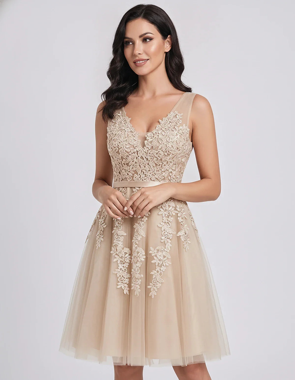 Tulle Lace Appliqué Sleeveless V-Neck A-Line Mini Dress for Party, Cocktail, Evening, Wedding Guest, Summer Events, front vie | SKU: AMD-583947261840157-CHAMPAGNE-L,AMD-583947261840157-CHAMPAGNE-M,AMD-583947261840157-CHAMPAGNE-S,AMD-583947261840157-CHAMPAGNE-XL,AMD-583947261840157-CHAMPAGNE-XS