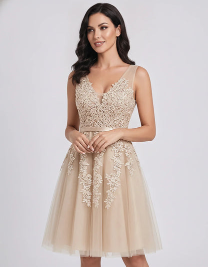 Tulle Lace Appliqué Sleeveless V-Neck A-Line Mini Dress for Party, Cocktail, Evening, Wedding Guest, Summer Events, front vie | SKU: AMD-583947261840157-CHAMPAGNE-L,AMD-583947261840157-CHAMPAGNE-M,AMD-583947261840157-CHAMPAGNE-S,AMD-583947261840157-CHAMPAGNE-XL,AMD-583947261840157-CHAMPAGNE-XS