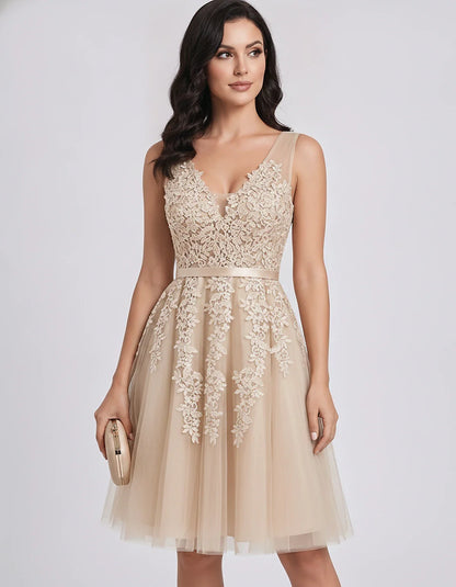 Tulle Lace Appliqué Sleeveless V-Neck A-Line Mini Dress for Party, Cocktail, Evening, Wedding Guest, Summer Events, front vie | SKU: AMD-583947261840157-CHAMPAGNE-L,AMD-583947261840157-CHAMPAGNE-M,AMD-583947261840157-CHAMPAGNE-S,AMD-583947261840157-CHAMPAGNE-XL,AMD-583947261840157-CHAMPAGNE-XS