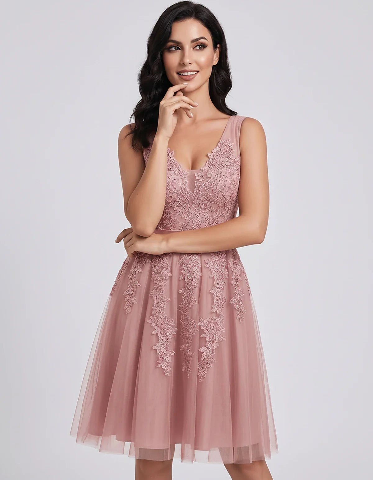 Tulle Lace Appliqué Sleeveless V-Neck A-Line Mini Dress for Party, Cocktail, Evening, Wedding Guest, Summer Events, front vie | SKU: AMD-583947261840157-BLUSH-L,AMD-583947261840157-BLUSH-M,AMD-583947261840157-BLUSH-S,AMD-583947261840157-BLUSH-XL,AMD-583947261840157-BLUSH-XS