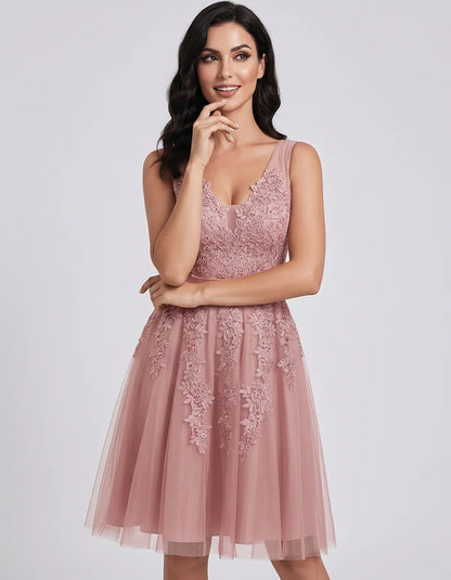 Tulle Lace Appliqué Sleeveless V-Neck A-Line Mini Dress for Party, Cocktail, Evening, Wedding Guest, Summer Events, front vie | SKU: AMD-583947261840157-BLUSH-L,AMD-583947261840157-BLUSH-M,AMD-583947261840157-BLUSH-S,AMD-583947261840157-BLUSH-XL,AMD-583947261840157-BLUSH-XS