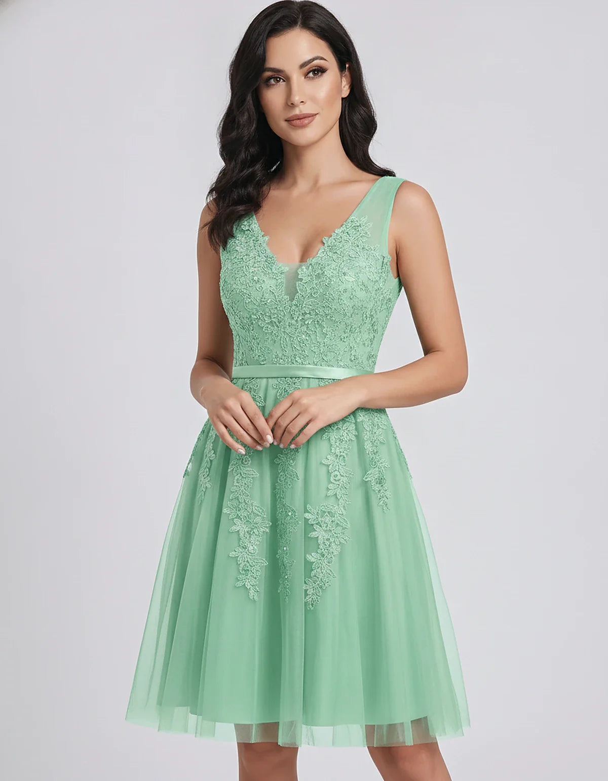 Tulle Lace Appliqué Sleeveless V-Neck A-Line Mini Dress for Party, Cocktail, Evening, Wedding Guest, Summer Events, front vie | SKU: AMD-583947261840157-MINT-L,AMD-583947261840157-MINT-M,AMD-583947261840157-MINT-S,AMD-583947261840157-MINT-XL,AMD-583947261840157-MINT-XS