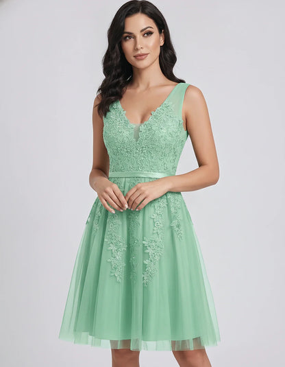 Tulle Lace Appliqué Sleeveless V-Neck A-Line Mini Dress for Party, Cocktail, Evening, Wedding Guest, Summer Events, front vie | SKU: AMD-583947261840157-MINT-L,AMD-583947261840157-MINT-M,AMD-583947261840157-MINT-S,AMD-583947261840157-MINT-XL,AMD-583947261840157-MINT-XS