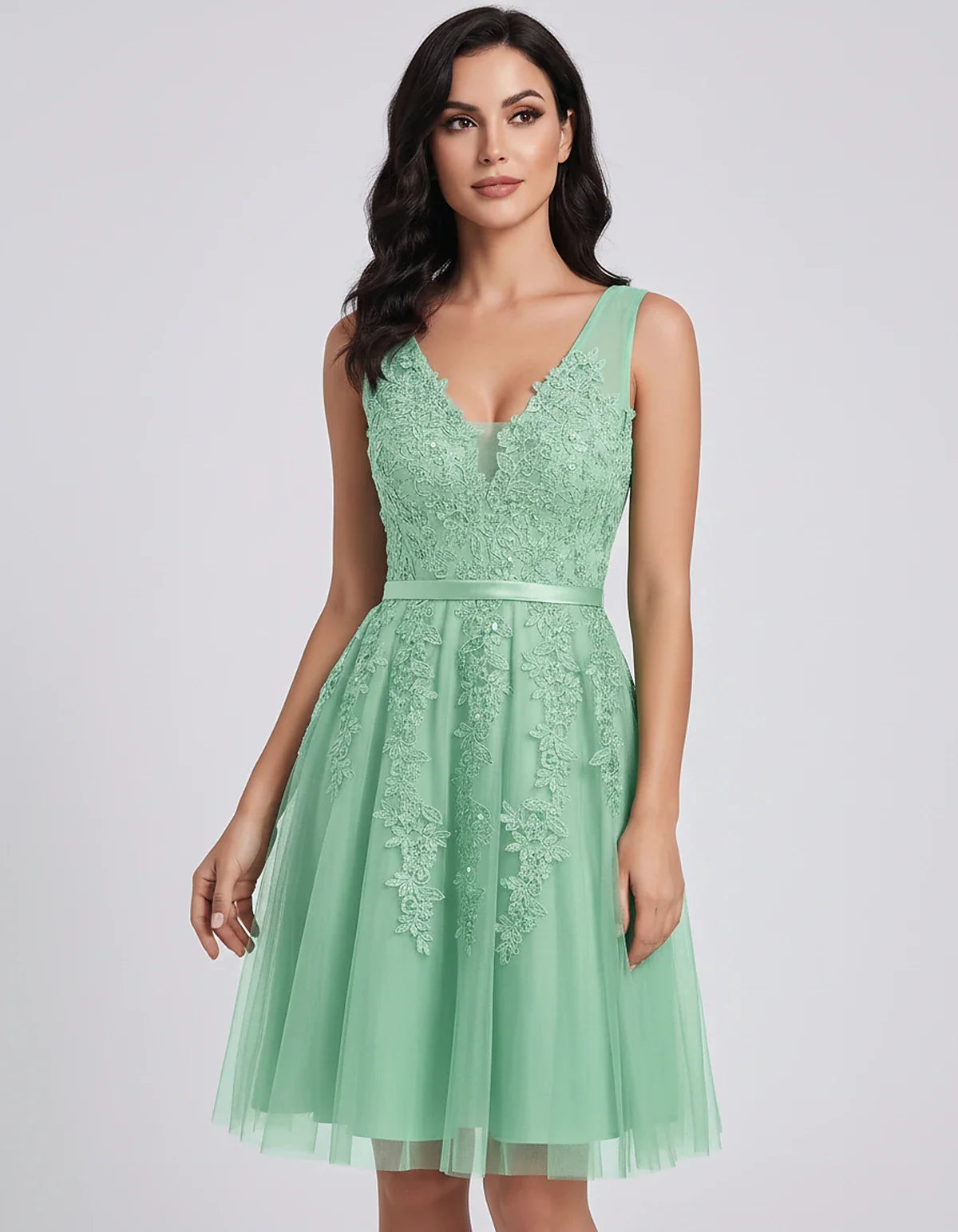 Tulle Lace Appliqué Sleeveless V-Neck A-Line Mini Dress for Party, Cocktail, Evening, Wedding Guest, Summer Events, front vie | SKU: AMD-583947261840157-MINT-L,AMD-583947261840157-MINT-M,AMD-583947261840157-MINT-S,AMD-583947261840157-MINT-XL,AMD-583947261840157-MINT-XS