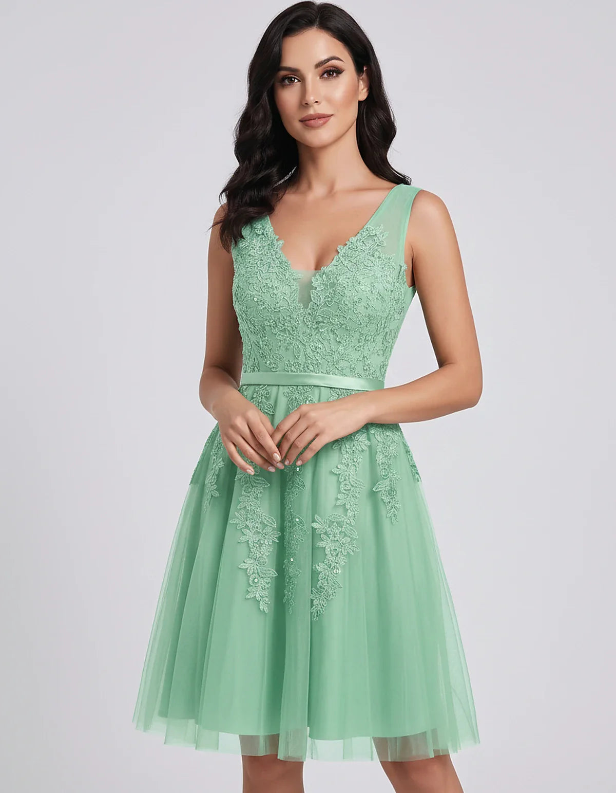 Tulle Lace Appliqué Sleeveless V-Neck A-Line Mini Dress for Party, Cocktail, Evening, Wedding Guest, Summer Events, front vie | SKU: AMD-583947261840157-MINT-L,AMD-583947261840157-MINT-M,AMD-583947261840157-MINT-S,AMD-583947261840157-MINT-XL,AMD-583947261840157-MINT-XS