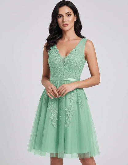Tulle Lace Appliqué Sleeveless V-Neck A-Line Mini Dress for Party, Cocktail, Evening, Wedding Guest, Summer Events, front vie | SKU: AMD-583947261840157-MINT-L,AMD-583947261840157-MINT-M,AMD-583947261840157-MINT-S,AMD-583947261840157-MINT-XL,AMD-583947261840157-MINT-XS