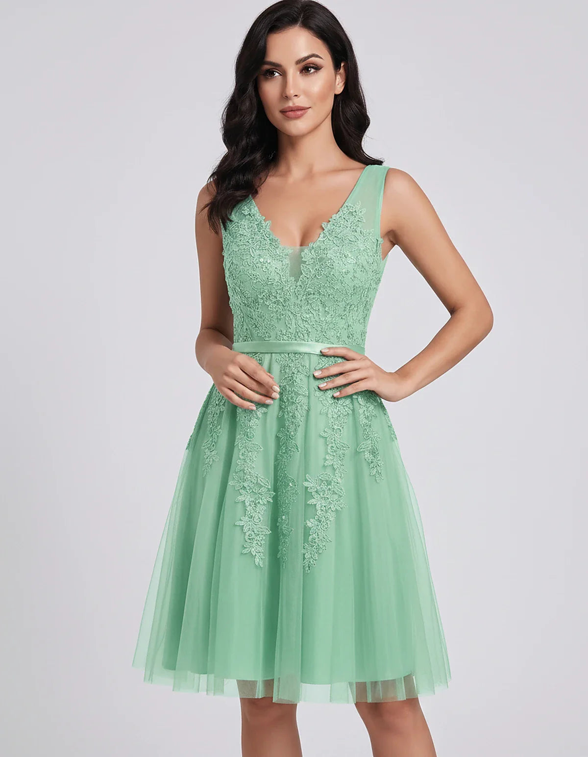 Tulle Lace Appliqué Sleeveless V-Neck A-Line Mini Dress for Party, Cocktail, Evening, Wedding Guest, Summer Events, front vie | SKU: AMD-583947261840157-MINT-L,AMD-583947261840157-MINT-M,AMD-583947261840157-MINT-S,AMD-583947261840157-MINT-XL,AMD-583947261840157-MINT-XS