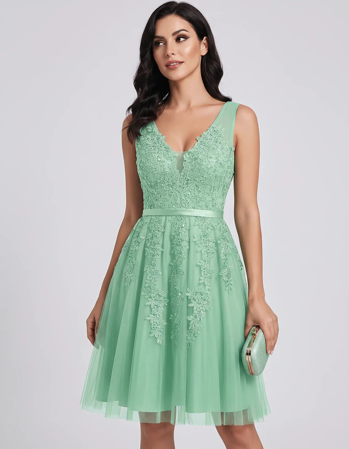 Tulle Lace Appliqué Sleeveless V-Neck A-Line Mini Dress for Party, Cocktail, Evening, Wedding Guest, Summer Events, front vie | SKU: AMD-583947261840157-MINT-L,AMD-583947261840157-MINT-M,AMD-583947261840157-MINT-S,AMD-583947261840157-MINT-XL,AMD-583947261840157-MINT-XS