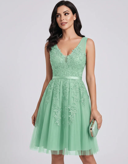 Tulle Lace Appliqué Sleeveless V-Neck A-Line Mini Dress for Party, Cocktail, Evening, Wedding Guest, Summer Events, front vie | SKU: AMD-583947261840157-MINT-L,AMD-583947261840157-MINT-M,AMD-583947261840157-MINT-S,AMD-583947261840157-MINT-XL,AMD-583947261840157-MINT-XS