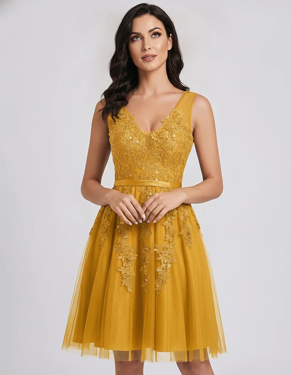 Tulle Lace Appliqué Sleeveless V-Neck A-Line Mini Dress for Party, Cocktail, Evening, Wedding Guest, Summer Events, front vie | SKU: AMD-583947261840157-YELLOW-L,AMD-583947261840157-YELLOW-M,AMD-583947261840157-YELLOW-S,AMD-583947261840157-YELLOW-XL,AMD-583947261840157-YELLOW-XS