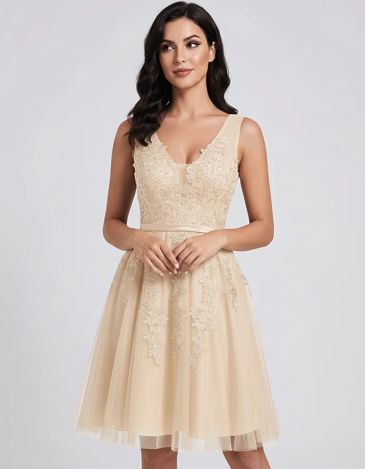 Tulle Lace Appliqué Sleeveless V-Neck A-Line Mini Dress for Party, Cocktail, Evening, Wedding Guest, Summer Events, front vie | SKU: AMD-583947261840157-BEIGE-L,AMD-583947261840157-BEIGE-M,AMD-583947261840157-BEIGE-S,AMD-583947261840157-BEIGE-XL,AMD-583947261840157-BEIGE-XS