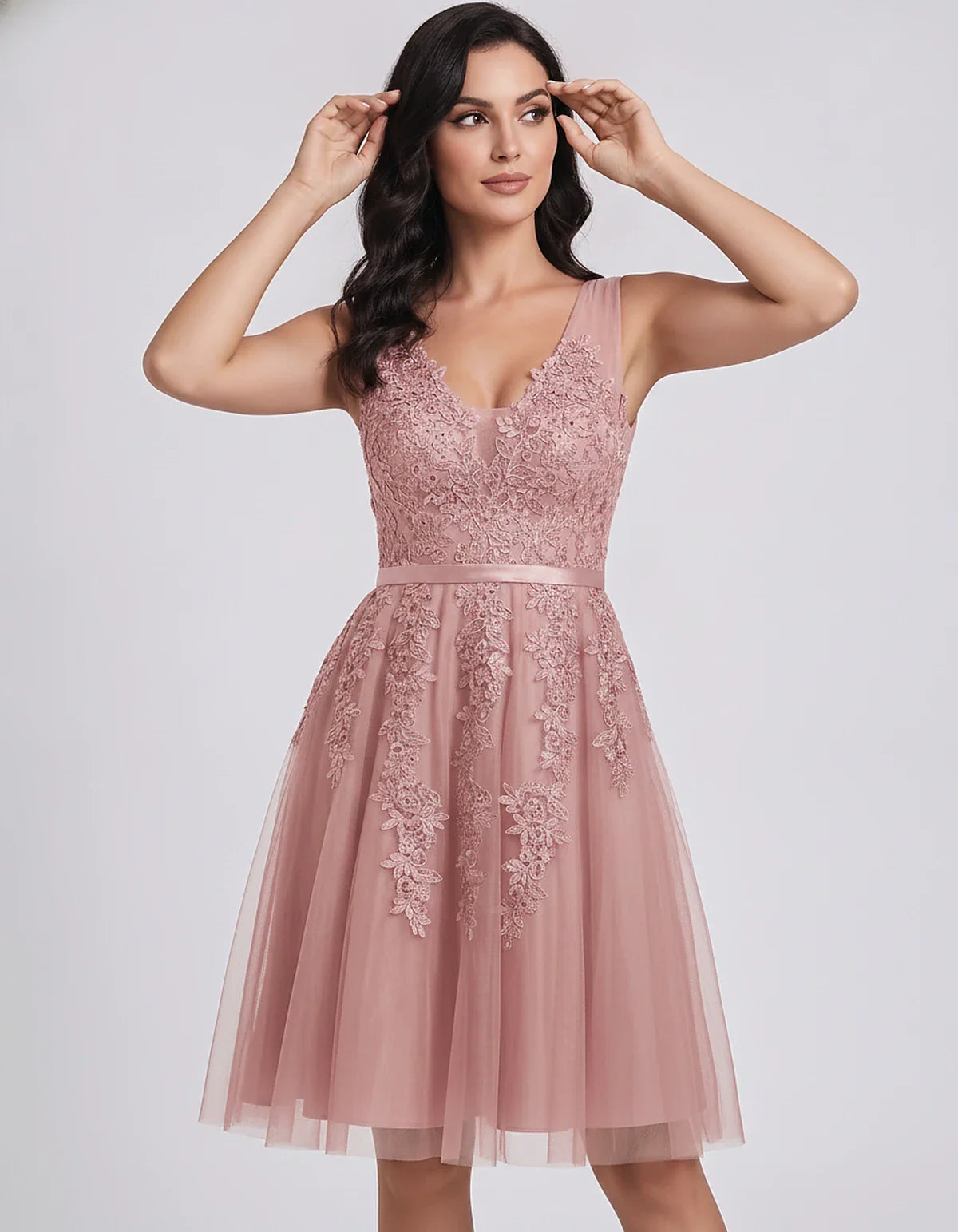 Tulle Lace Appliqué Sleeveless V-Neck A-Line Mini Dress for Party, Cocktail, Evening, Wedding Guest, Summer Events, front vie | SKU: AMD-583947261840157-BLUSH-L,AMD-583947261840157-BLUSH-M,AMD-583947261840157-BLUSH-S,AMD-583947261840157-BLUSH-XL,AMD-583947261840157-BLUSH-XS