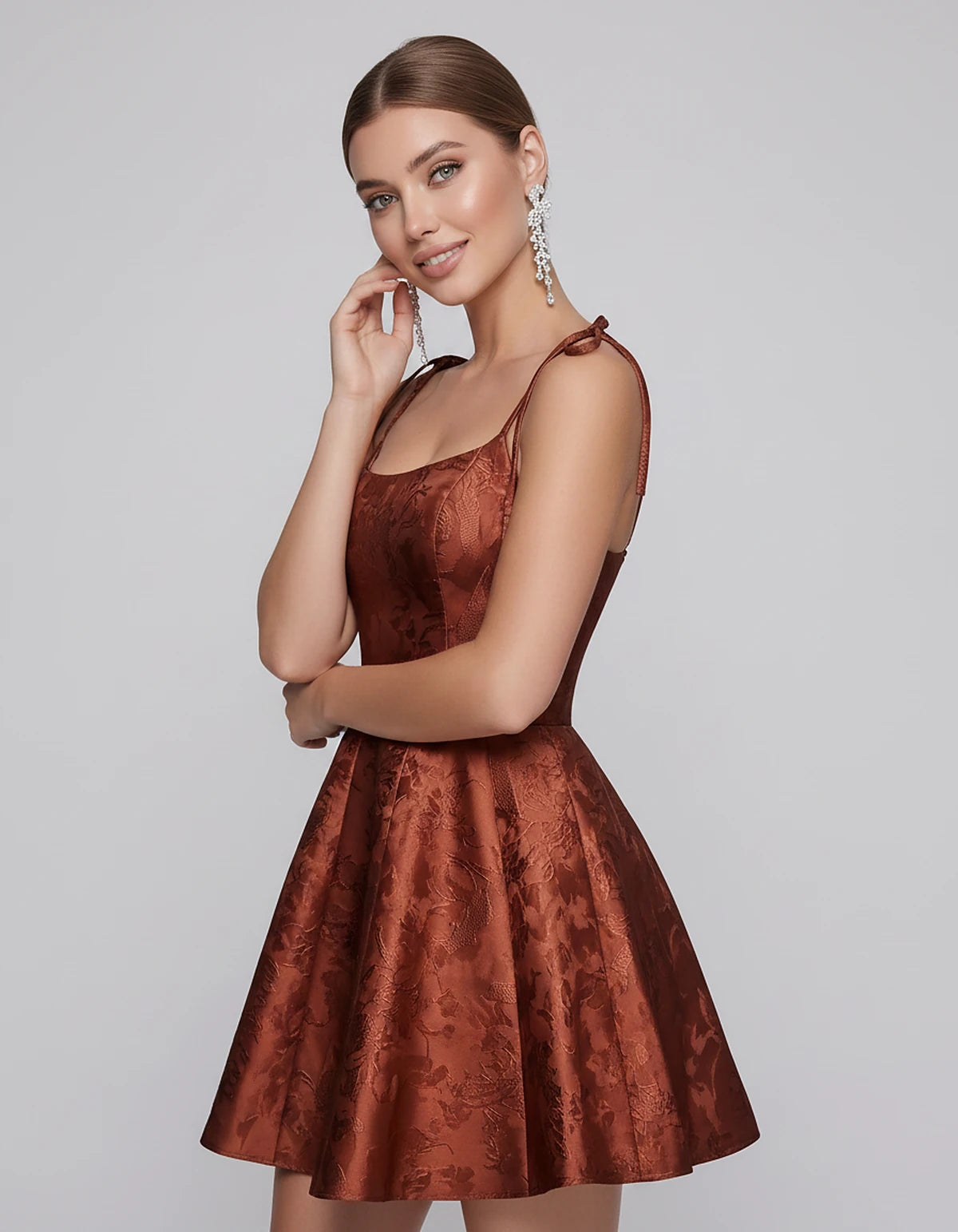 Polyester Satin Jacquard Sleeveless O-Neck Fit and Flare Mini Dress for Party, Cocktail, Evening, Summer & Wedding Guest Even