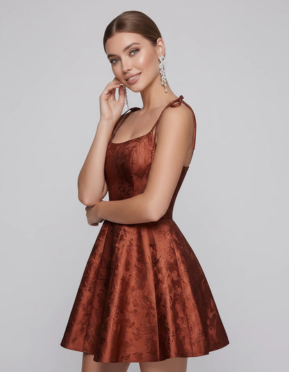 Polyester Satin Jacquard Sleeveless O-Neck Fit and Flare Mini Dress for Party, Cocktail, Evening, Summer & Wedding Guest Even