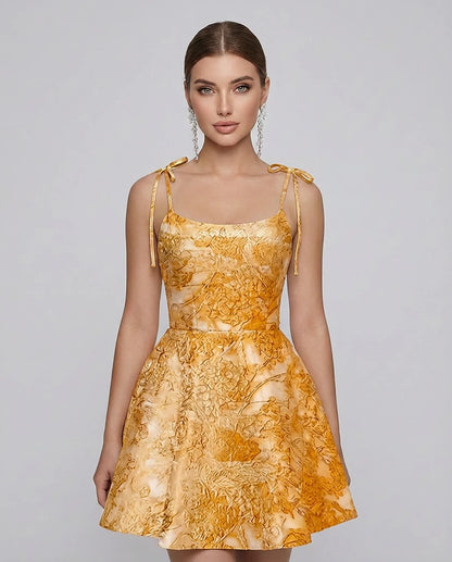 Polyester Satin Jacquard Sleeveless O-Neck Fit and Flare Mini Dress for Party, Cocktail, Evening, Summer & Wedding Guest Even