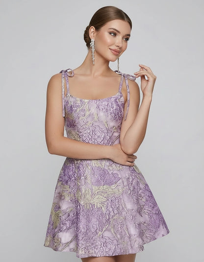 Polyester Satin Jacquard Sleeveless O-Neck Fit and Flare Mini Dress for Party, Cocktail, Evening, Summer & Wedding Guest Even