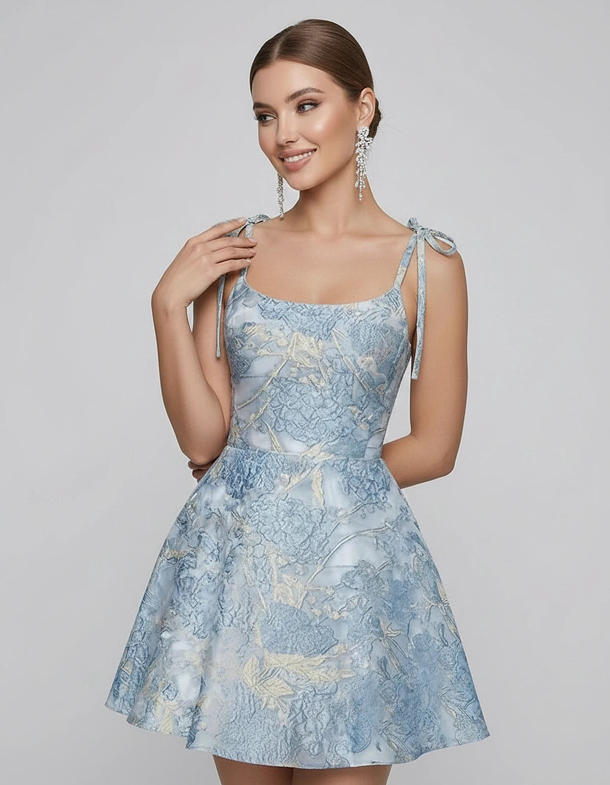 Polyester Satin Jacquard Sleeveless O-Neck Fit and Flare Mini Dress for Party, Cocktail, Evening, Summer & Wedding Guest Even