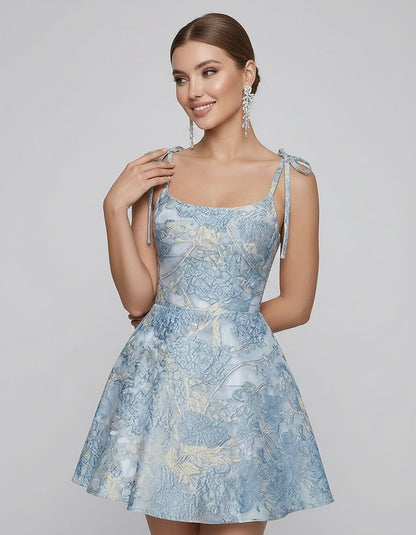 Polyester Satin Jacquard Sleeveless O-Neck Fit and Flare Mini Dress for Party, Cocktail, Evening, Summer & Wedding Guest Even