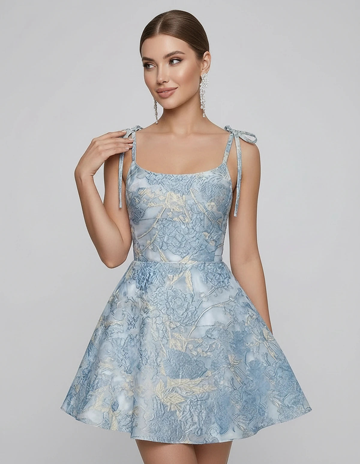 Polyester Satin Jacquard Sleeveless O-Neck Fit and Flare Mini Dress for Party, Cocktail, Evening, Summer & Wedding Guest Even