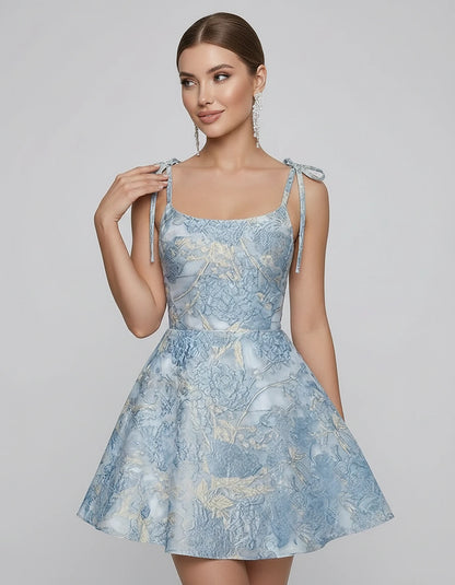 Polyester Satin Jacquard Sleeveless O-Neck Fit and Flare Mini Dress for Party, Cocktail, Evening, Summer & Wedding Guest Even