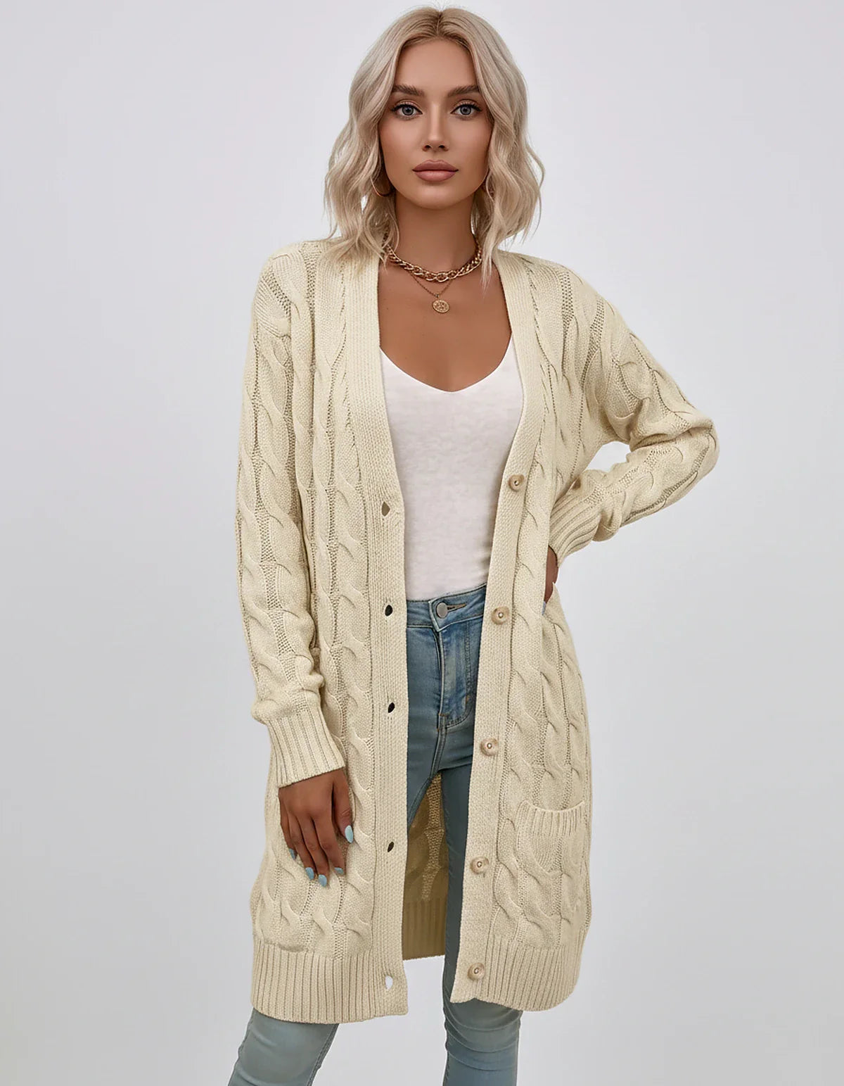 Beige,green,blue,yellow,light Blue,purple,lilac,black Denim Cardigan, front view | Ramblion | SKU: AC-731845206-BEIGE-L,AC-731845206-BEIGE-M,AC-731845206-BEIGE-S,AC-731845206-BEIGE-XL,AC-731845206-BEIGE-XS