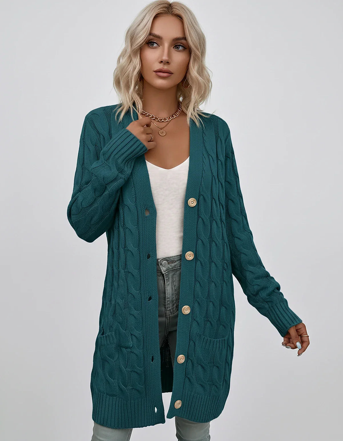 Beige,green,blue,yellow,light Blue,purple,lilac,black Denim Cardigan, front view | Ramblion | SKU: AC-731845206-BLUE-L,AC-731845206-BLUE-M,AC-731845206-BLUE-S,AC-731845206-BLUE-XL,AC-731845206-BLUE-XS