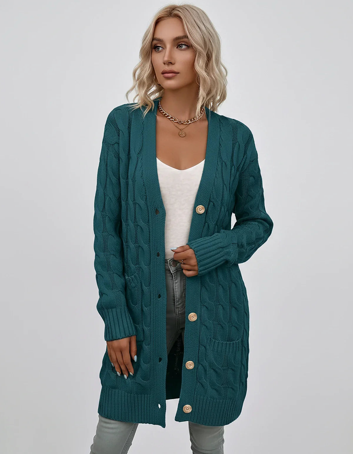 Beige,green,blue,yellow,light Blue,purple,lilac,black Denim Cardigan, front view | Ramblion | SKU: AC-731845206-BLUE-L,AC-731845206-BLUE-M,AC-731845206-BLUE-S,AC-731845206-BLUE-XL,AC-731845206-BLUE-XS