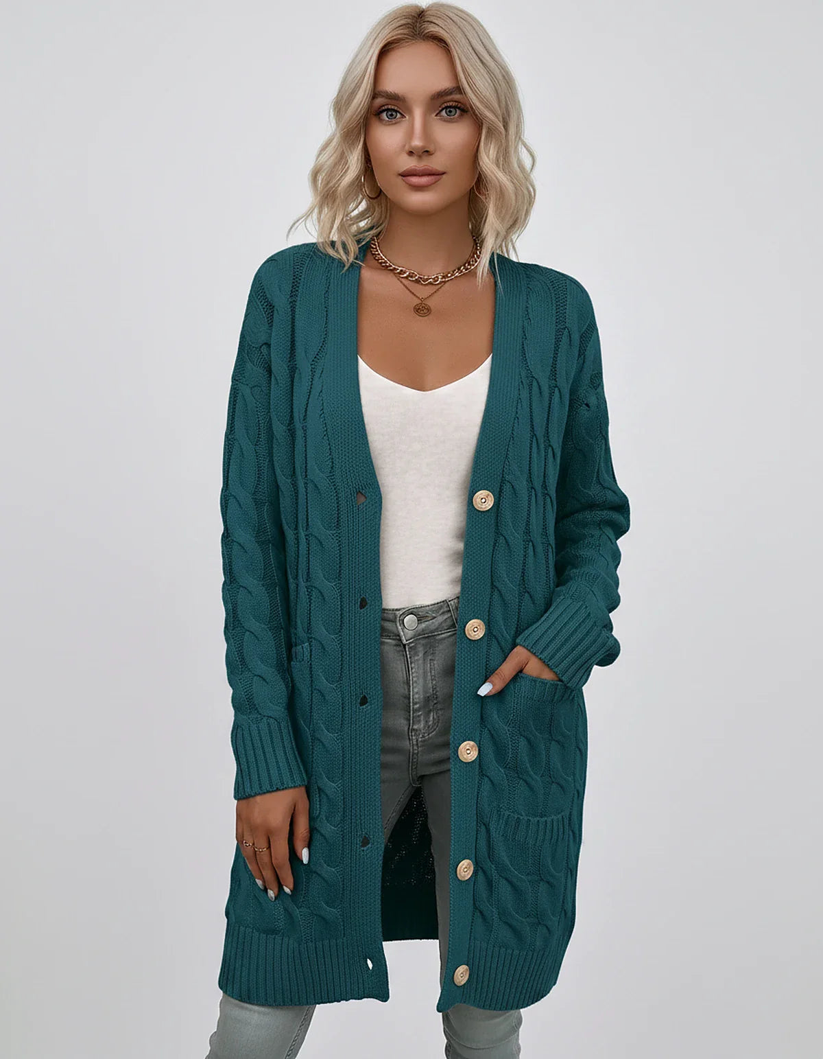 Beige,green,blue,yellow,light Blue,purple,lilac,black Denim Cardigan, front view | Ramblion | SKU: AC-731845206-BLUE-L,AC-731845206-BLUE-M,AC-731845206-BLUE-S,AC-731845206-BLUE-XL,AC-731845206-BLUE-XS