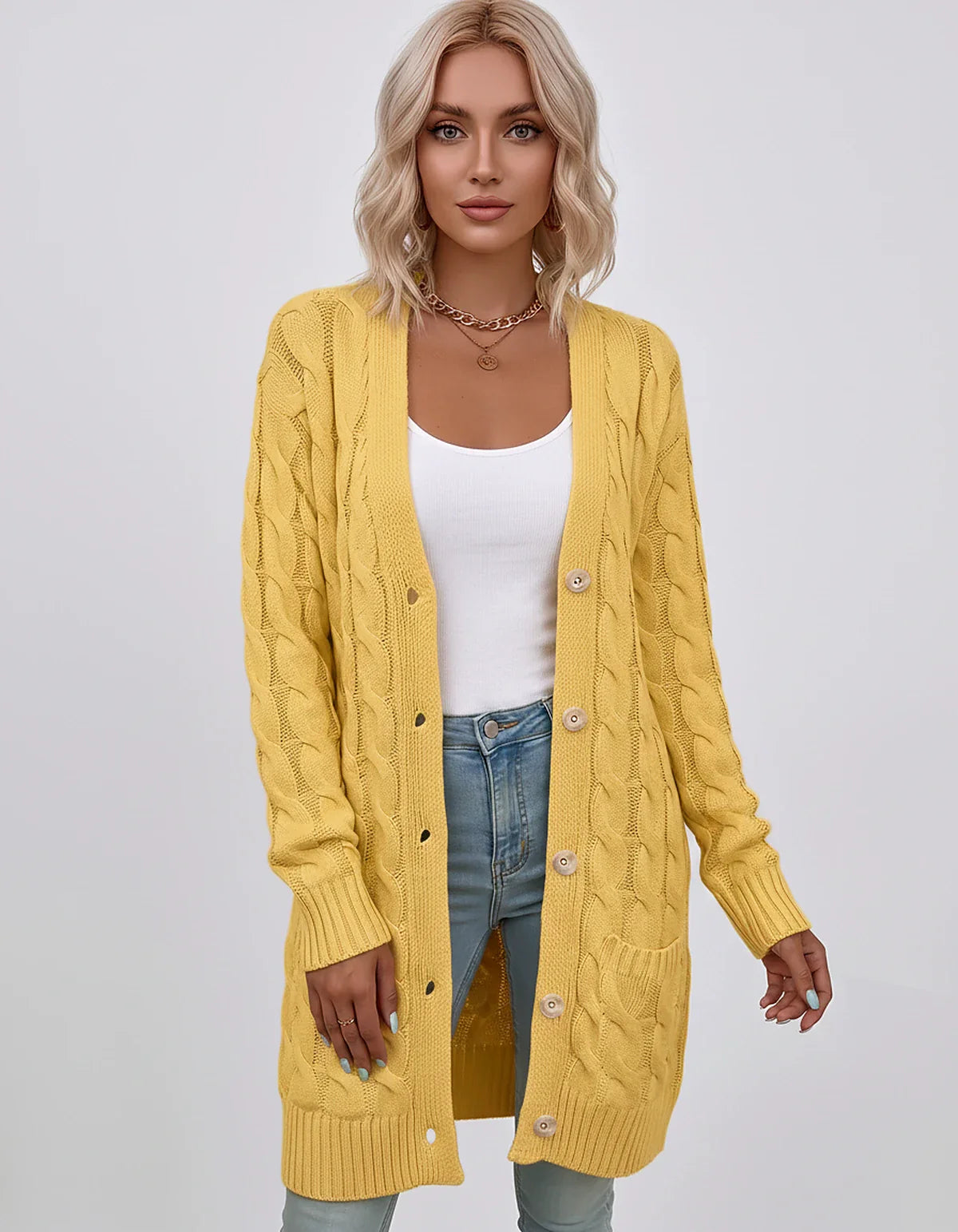 Beige,green,blue,yellow,light Blue,purple,lilac,black Denim Cardigan, front view | Ramblion | SKU: AC-731845206-YELLOW-L,AC-731845206-YELLOW-M,AC-731845206-YELLOW-S,AC-731845206-YELLOW-XL,AC-731845206-YELLOW-XS