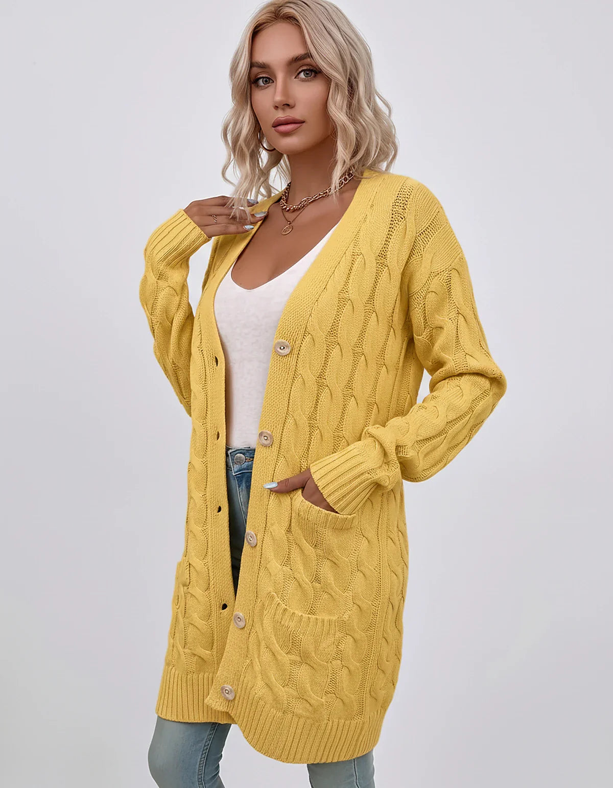 Beige,green,blue,yellow,light Blue,purple,lilac,black Denim Cardigan, front view | Ramblion | SKU: AC-731845206-YELLOW-L,AC-731845206-YELLOW-M,AC-731845206-YELLOW-S,AC-731845206-YELLOW-XL,AC-731845206-YELLOW-XS
