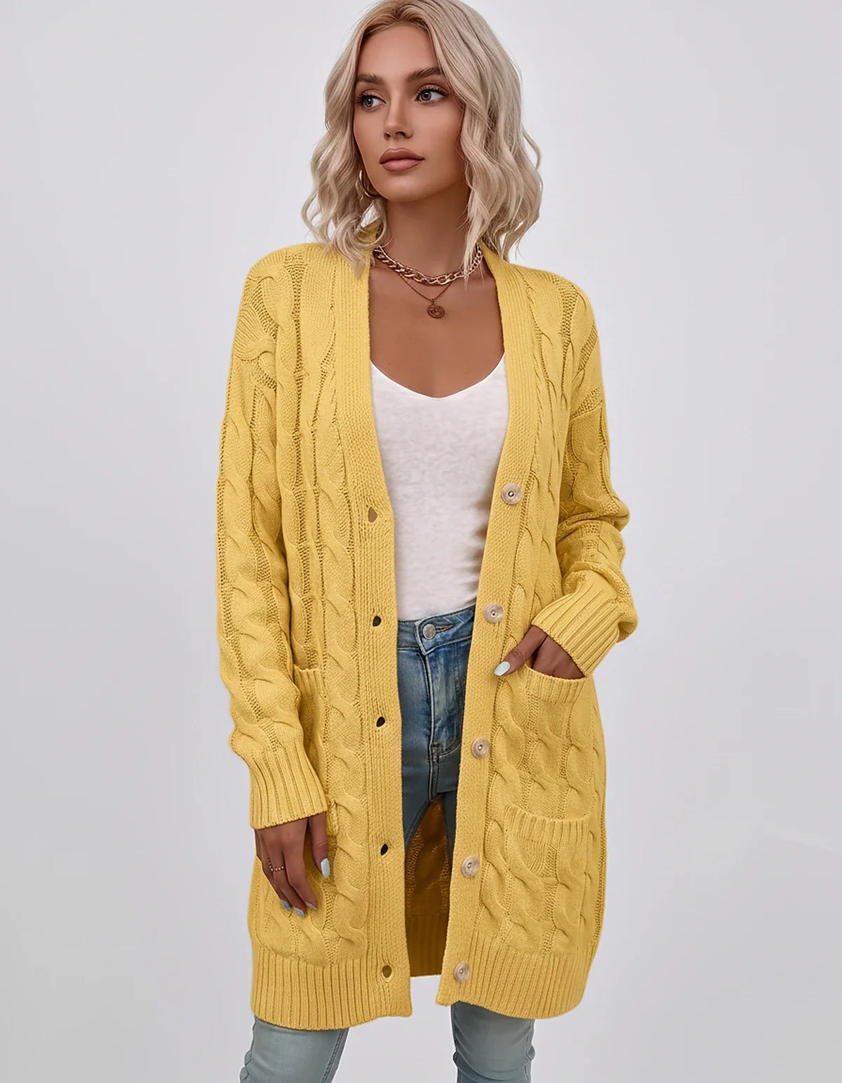 Beige,green,blue,yellow,light Blue,purple,lilac,black Denim Cardigan, front view | Ramblion | SKU: AC-731845206-YELLOW-L,AC-731845206-YELLOW-M,AC-731845206-YELLOW-S,AC-731845206-YELLOW-XL,AC-731845206-YELLOW-XS
