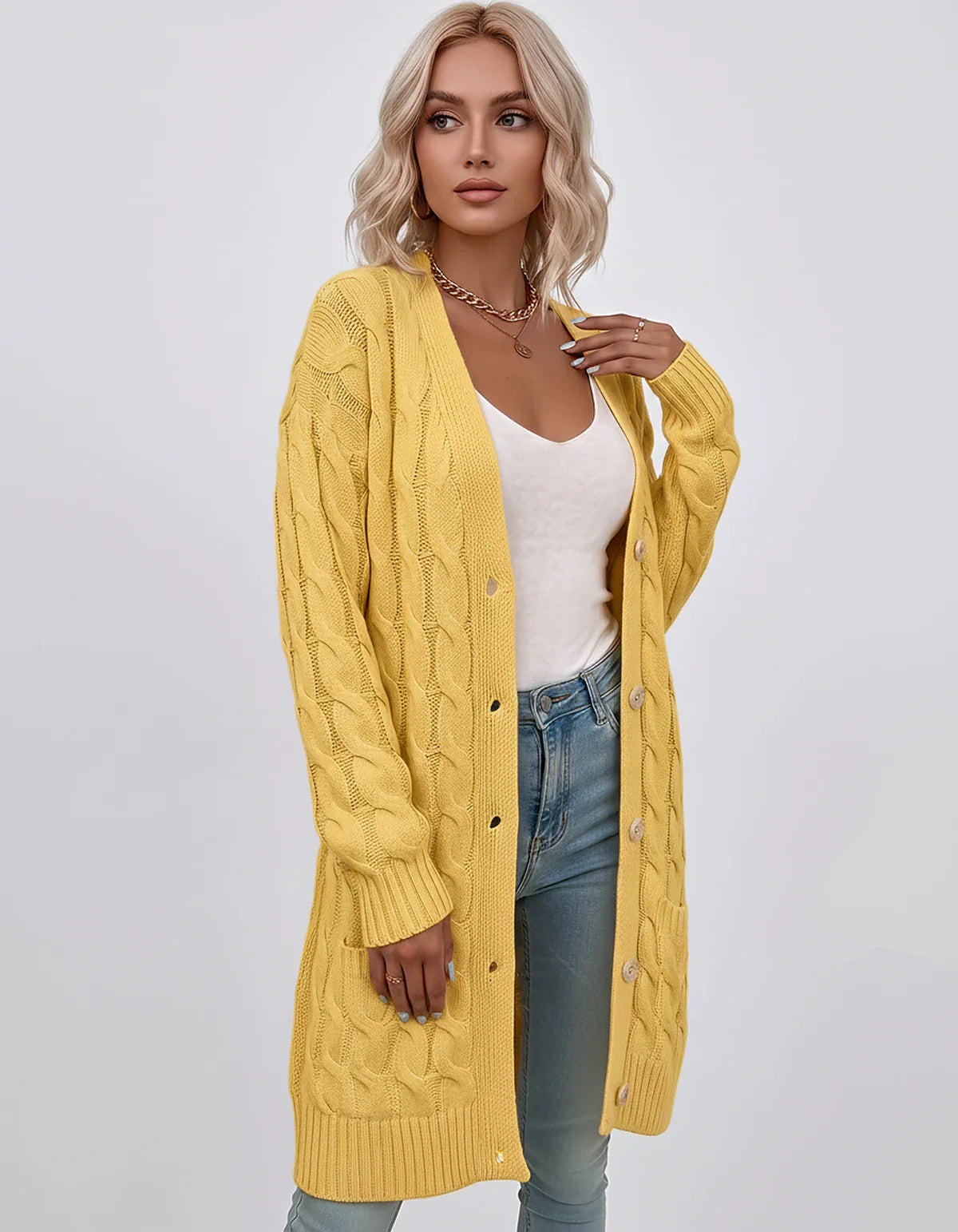 Beige,green,blue,yellow,light Blue,purple,lilac,black Denim Cardigan, front view | Ramblion | SKU: AC-731845206-YELLOW-L,AC-731845206-YELLOW-M,AC-731845206-YELLOW-S,AC-731845206-YELLOW-XL,AC-731845206-YELLOW-XS