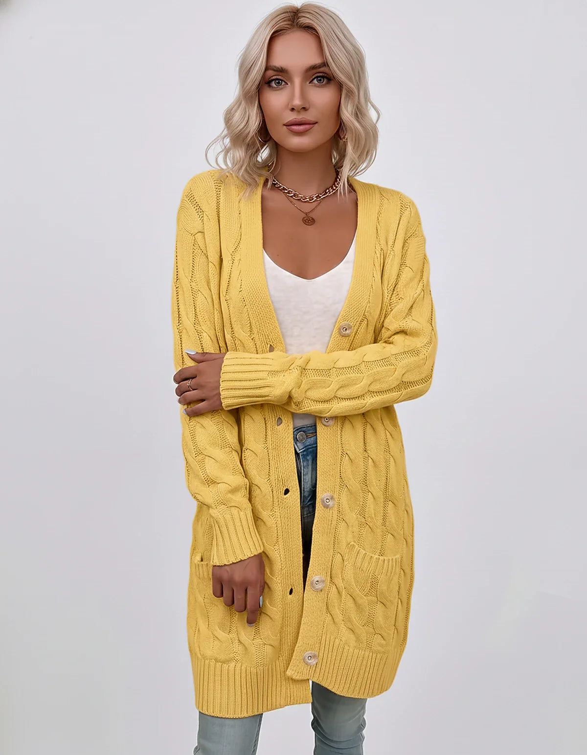 Beige,green,blue,yellow,light Blue,purple,lilac,black Denim Cardigan, front view | Ramblion | SKU: AC-731845206-YELLOW-L,AC-731845206-YELLOW-M,AC-731845206-YELLOW-S,AC-731845206-YELLOW-XL,AC-731845206-YELLOW-XS