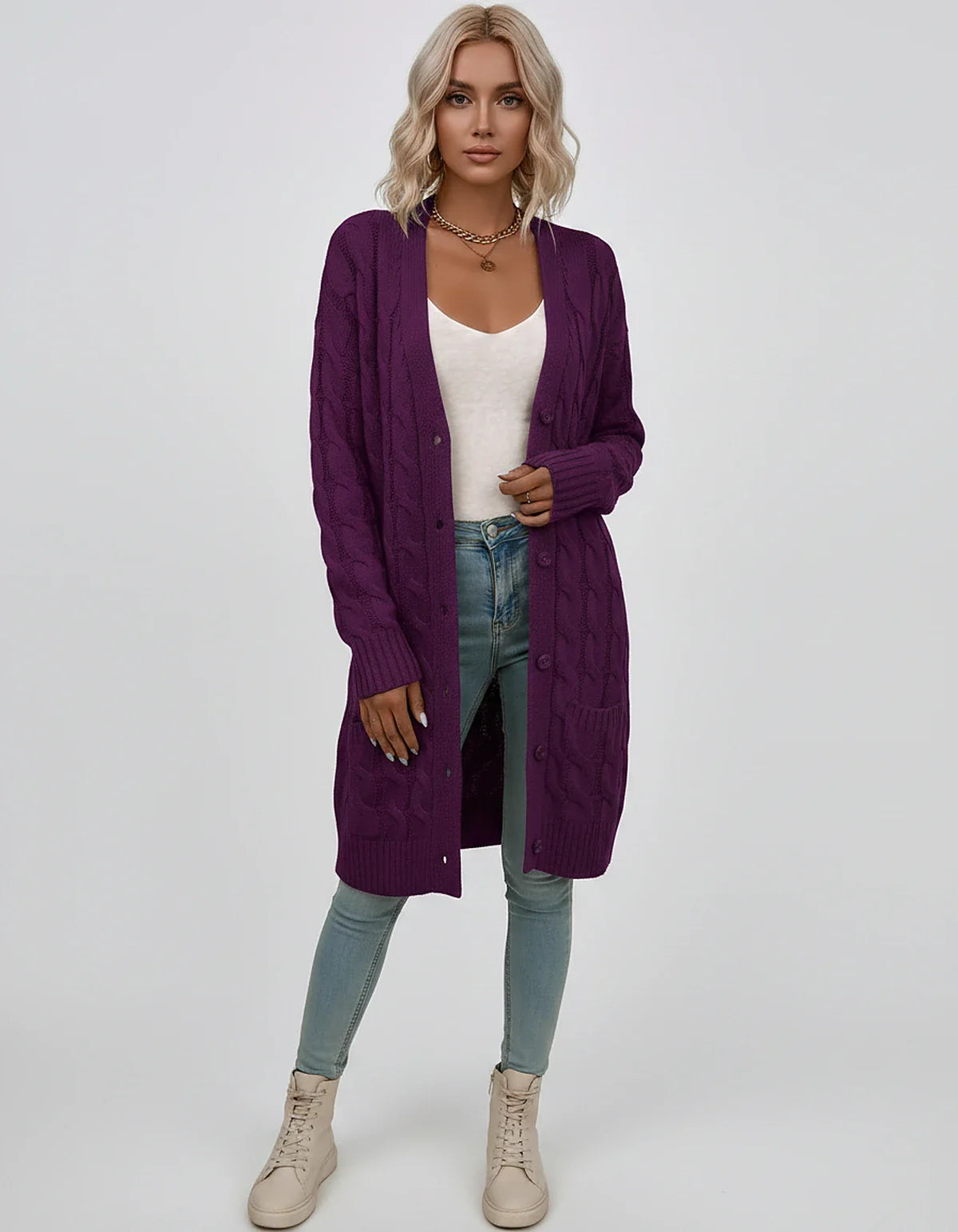 Beige,green,blue,yellow,light Blue,purple,lilac,black Denim Cardigan, front view | Ramblion | SKU: AC-731845206-PURPLE-L,AC-731845206-PURPLE-M,AC-731845206-PURPLE-S,AC-731845206-PURPLE-XL,AC-731845206-PURPLE-XS