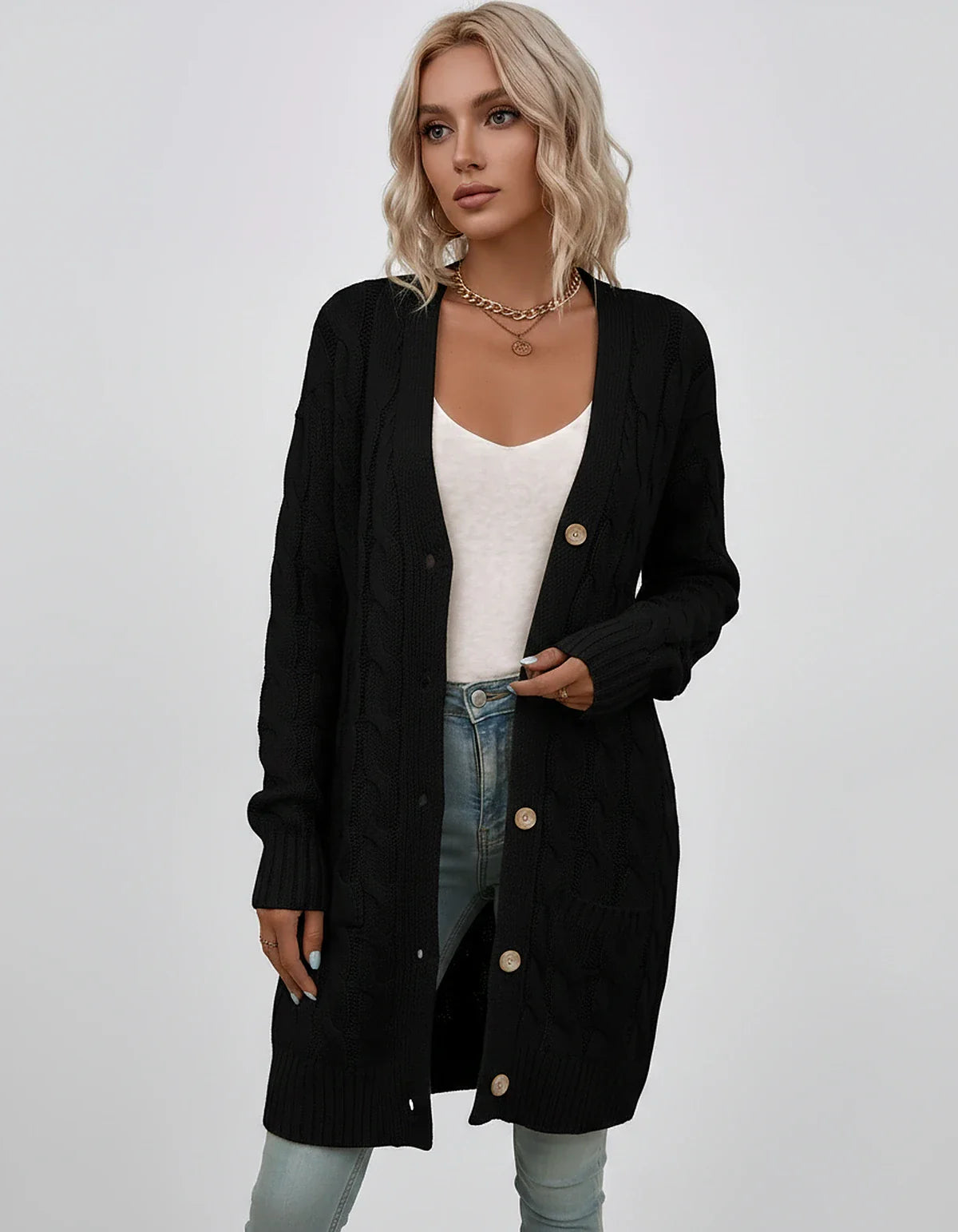 Beige,green,blue,yellow,light Blue,purple,lilac,black Denim Cardigan, front view | Ramblion | SKU: AC-731845206-BLACK-L,AC-731845206-BLACK-M,AC-731845206-BLACK-S,AC-731845206-BLACK-XL,AC-731845206-BLACK-XS